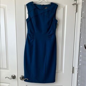 Blue Asymmetrical Neck Sheath Midi Dress